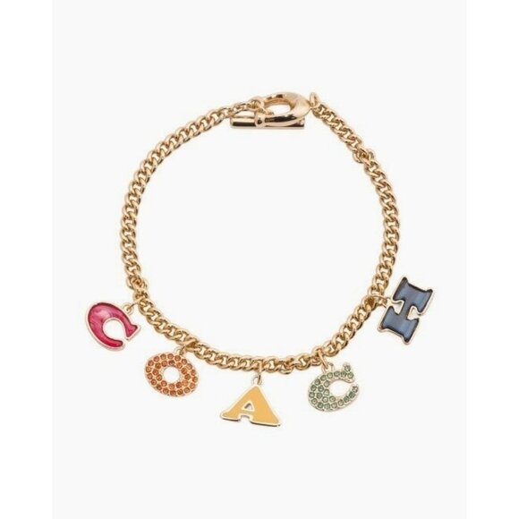 Coach Jewelry - COACH Bracelet Signature Charm Pave Crystal Enamel Colorful Gold Tone NEW